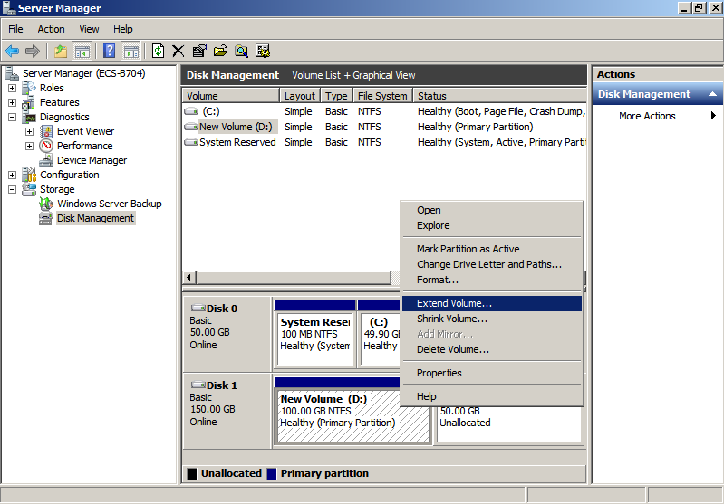 **Figure 16** Choosing Extend Volume (Windows Server 2008)