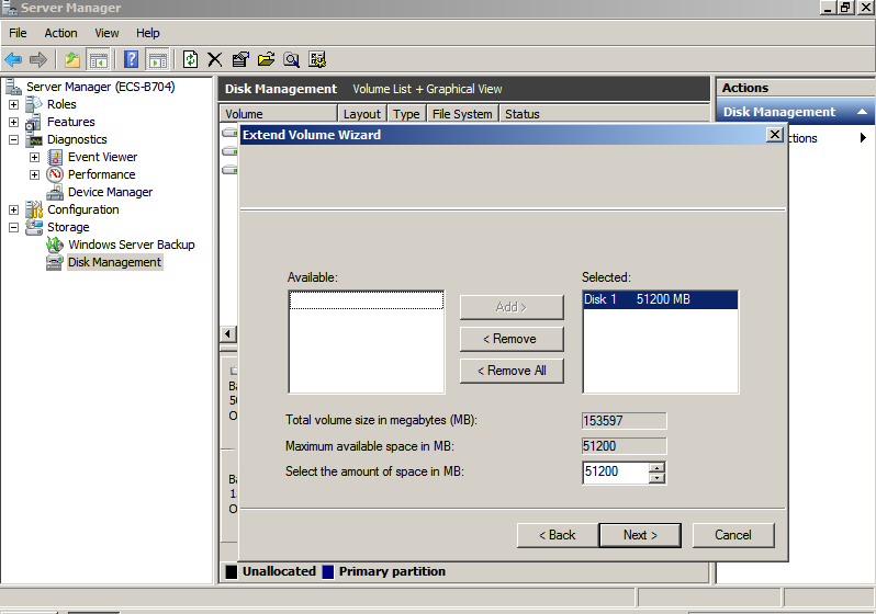 **Figure 18** Selecting space (Windows Server 2008)