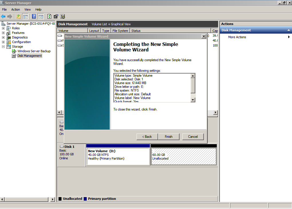 **Figure 27** Completing the New Simple Volume Wizard (new volume E:)