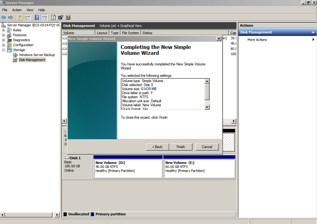 **Figure 13** Completing the New Simple Volume Wizard (new volume F:)