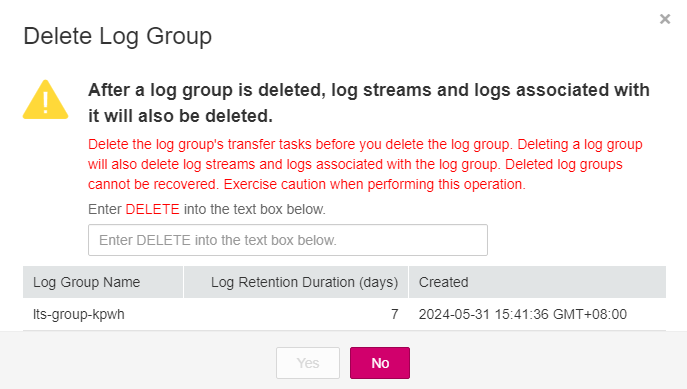 **Figure 1** Deleting a log group