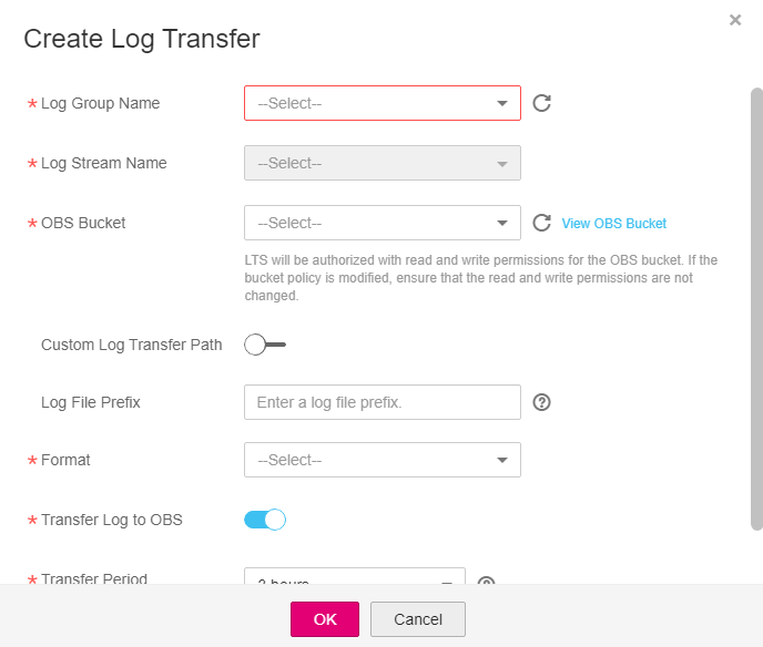 **Figure 1** Configuring parameters for a log transfer task