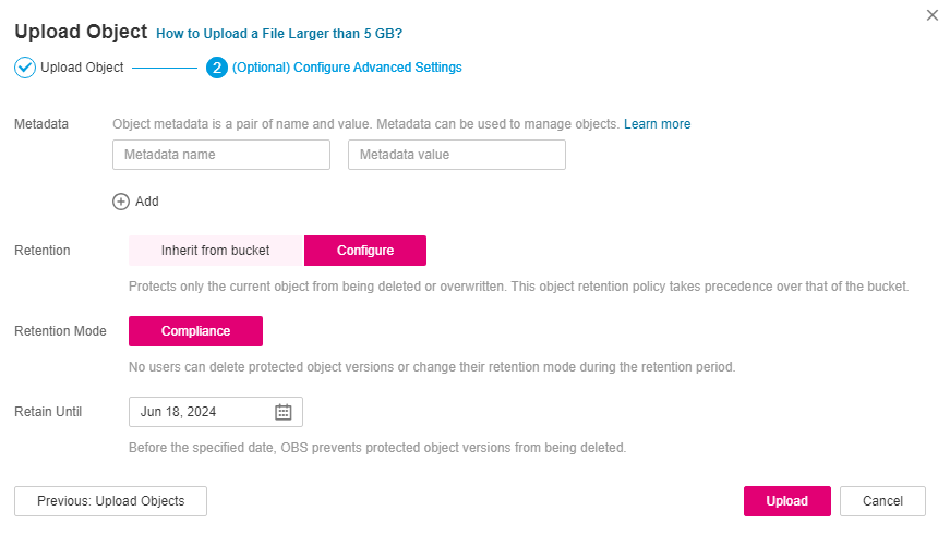 **Figure 2** Configuring metadata or WORM retention