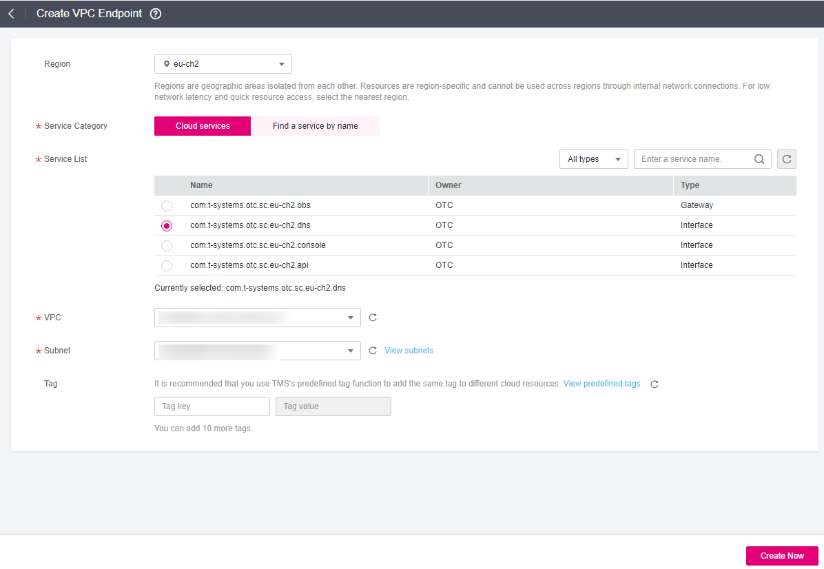 **Figure 1** Create VPC Endpoint (**Service Category** set to **Cloud service**)