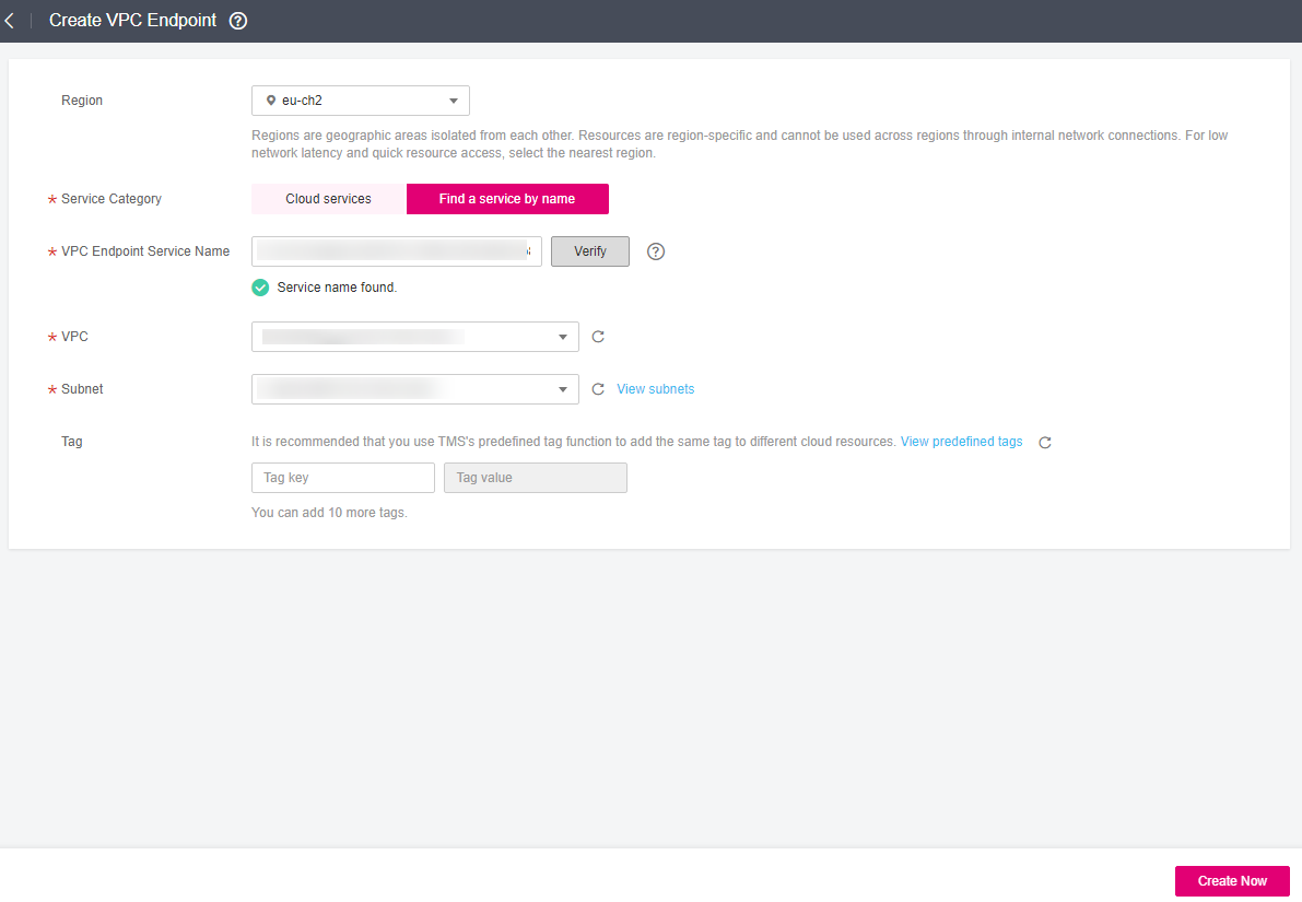 **Figure 2** Create VPC Endpoint (**Service Category** set to **Find a service by name**)