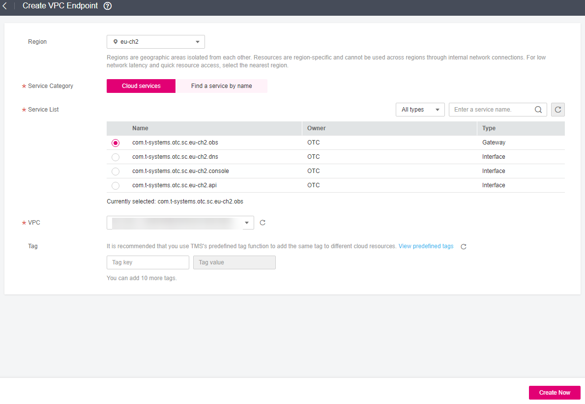 **Figure 3** Create VPC Endpoint (**Service Category** set to **Cloud service**)